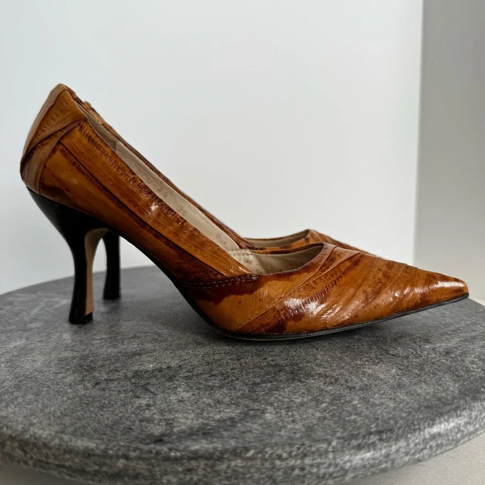 Paolo Iantorno Eel Skin Leather Heels Pointed Toe Brown 36